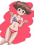  1girl alisa_(girls_und_panzer) american_flag_bikini ass_visible_through_thighs bangs bikini blush breasts brown_eyes brown_hair clenched_hands closed_mouth commentary_request dutch_angle english_commentary eyebrows_visible_through_hair flag_print freckles frown girls_und_panzer hair_ornament looking_at_viewer navel short_hair short_twintails small_breasts solo standing star_(symbol) star_hair_ornament swimsuit takahashi_kurage thigh_gap twintails v-shaped_eyebrows w_arms 