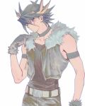  1boy alternate_costume bare_shoulders belt black_hair black_pants black_tank_top blonde_hair blue_eyes cowboy_shot expressionless fudou_yuusei fur-trimmed_jacket fur_trim gloves head_tilt jacket male_focus multicolored_hair muted_color nobou_(32306136) pants short_hair sleeveless sleeveless_jacket spiky_hair streaked_hair tank_top white_background yu-gi-oh! yu-gi-oh!_5d&#039;s 