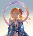  1girl :3 aoman_de_cangshu bangs blonde_hair blue_background blue_dress blunt_bangs blush closed_eyes dress eyebrows_visible_through_hair facing_viewer fang flower gradient gradient_background hair_flower hair_ornament hands_up highres holding holding_hair long_hair mononobe_alice nijisanji parted_lips red_flower skin_fang solo virtual_youtuber wide_sleeves yellow_background 