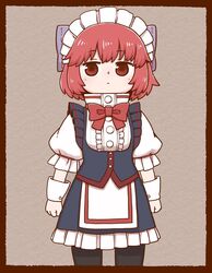  1girl alternate_costume apron bangs black_legwear bow bowtie brown_background closed_mouth cowboy_shot eyebrows_visible_through_hair hair_bow high_collar looking_at_viewer maid maid_headdress poronegi puffy_short_sleeves puffy_sleeves red_bow red_eyes red_neckwear redhead sekibanki short_hair short_sleeves simple_background solo standing thigh-highs touhou waist_apron white_apron white_headdress wrist_cuffs 