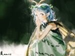  1girl antennae aqua_hair brown_eyes butterfly_wings chun_lanlanlan dated dress eternity_larva fairy green_dress leaf leaf_on_head looking_at_viewer multicolored_clothes multicolored_dress short_hair signature single_strap solo touhou wings 