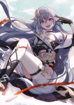  1girl armor asymmetrical_clothes asymmetrical_sleeves bangs bare_shoulders black_choker black_gloves blue_hair boots chinese_clothes choker collarbone crossed_legs detached_sleeves earrings eyebrows_visible_through_hair flat_chest gloves hair_between_eyes hair_ornament hand_up highres honkai_(series) honkai_impact_3rd hua_(honkai_impact) jewelry long_hair long_sleeves looking_at_viewer messy_hair multicolored multicolored_clothes open_mouth red_eyes sidelocks signature sitting slyvia smile solo thigh_strap thighs very_long_hair 