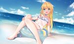  1girl absurdres ahoge aoman_de_cangshu bangs bare_shoulders barefoot blonde_hair blush bottomless breasts choker clouds collarbone covered_navel eyebrows_visible_through_hair fang green_eyes hand_on_own_knee highres innertube knees_up legs long_hair looking_at_viewer mononobe_alice nijisanji ocean open_mouth see-through sitting skin_fang sky small_breasts solo swimwear toes virtual_youtuber water white_choker 