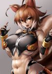  1girl abs animal_ears antenna_hair blazblue breasts brown_eyes brown_hair fingerless_gloves gloves grey_background large_breasts makoto_nanaya midriff muscular muscular_female navel orange_skirt simple_background skirt sowel_(sk3) squirrel_ears squirrel_girl squirrel_tail tail toned under_boob 