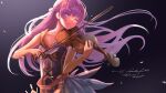  1girl arms_up bare_arms braid commission commissioner_upload dress eposhim feathers fire_emblem fire_emblem:_the_binding_blade fire_emblem_heroes french_braid hair_blowing head_tilt highres instrument long_hair music purple_hair sad skeb_commission sleeveless sleeveless_dress sophia_(fire_emblem) very_long_hair violet_eyes violin violin_bow 