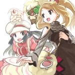  2girls alcremie alcremie_(strawberry_sweet) apron bag black_hair blurry brown_dress brown_hair commentary_request hikari_(pokemon) dress eye_contact eyelashes eyewear_removed floating_hair from_below gen_5_pokemon gen_8_pokemon grey_eyes hair_ornament hairclip hat holding_strap long_hair long_sleeves looking_at_another multiple_girls nail_polish nikuzaiku on_head open_mouth pink_dress pink_nails pokemon pokemon_(creature) pokemon_(game) pokemon_masters_ex pokemon_on_head serena_(pokemon) short_sleeves shoulder_bag sidelocks smile sunglasses tied_hair tongue whimsicott white-framed_eyewear 