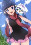  1girl :d bare_arms beanie black_hair blush clouds commentary hikari_(pokemon) day eyelashes gen_4_pokemon hat hatted_pokemon herunia_kokuoji highres long_hair looking_at_viewer on_shoulder open_mouth outdoors piplup pokemon pokemon_(creature) pokemon_(game) pokemon_dppt pokemon_on_shoulder red_scarf scarf signature sky smile starter_pokemon teeth tongue watermark 