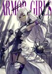  1girl absurdres armor armored_dress bangs black_gloves blurry blurry_background breasts dark_skin dark-skinned_female flail garter_straps gloves halo highres kusano_shinta long_hair morning_star original panties purple_panties small_breasts solo thigh-highs underwear weapon white_hair yellow_eyes 