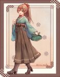  1girl blue_kimono boots brown_hair brown_hakama cross-laced_footwear eyebrows_visible_through_hair green_eyes hair_between_eyes hair_ribbon hakama japanese_clothes kantai_collection kimono kumano_(kantai_collection) lace-up_boots meiji_schoolgirl_uniform obentou open_mouth ponytail red_ribbon ribbon smile taishou wss_(nicoseiga19993411) 