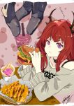  1girl :t absurdres alternate_costume arknights bare_shoulders black_choker bra_strap casual choker collarbone cup disposable_cup drinking_straw food grey_sweater hamburger highres holding holding_food horns long_hair looking_at_viewer multiple_views nail_polish off-shoulder_sweater off_shoulder pink_background pink_nails redhead stg_(stg07201223) surtr_(arknights) sweater upper_body v-shaped_eyebrows violet_eyes 