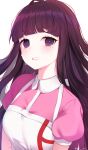  1girl absurdres apron bandages bangs blunt_bangs blush breasts collared_shirt commentary_request dangan_ronpa_(series) dangan_ronpa_2:_goodbye_despair dd_0000 eyebrows_visible_through_hair highres long_hair looking_at_viewer medium_breasts mole mole_under_eye nurse puffy_short_sleeves puffy_sleeves purple_hair shirt short_sleeves simple_background solo tears teeth tsumiki_mikan twitter_username upper_body violet_eyes white_apron white_background 