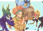  1boy alternate_costume bird black_feathers blackwing_blizzard_the_moon_shadow blackwing_gale_the_whirlwind blackwing_kalut_the_moon_shadow blue_eyes carrying_over_shoulder casual crow_hogan duel_monster facial_mark flying happy_birthday headband looking_at_viewer male_focus nobou_(32306136) orange_hair smile spiky_hair upper_body yu-gi-oh! 