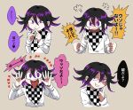  1boy bangs black_hair checkered checkered_background checkered_neckwear checkered_scarf commentary_request cropped_torso dangan_ronpa_(series) dangan_ronpa_v3:_killing_harmony evil_smile furukawa_(yomawari) grin hair_between_eyes hands_up highres index_fingers_together jacket long_sleeves looking_at_viewer male_focus multicolored_hair multiple_views open_mouth ouma_kokichi purple_hair scarf short_hair simple_background smile speech_bubble tongue tongue_out translation_request upper_body violet_eyes white_jacket 