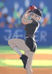  1girl baseball_cap baseball_mitt baseball_stadium black_headwear black_shirt black_shorts blurry blurry_background breasts choi_seol-hwa crowd hair_behind_ear hat highres looking_at_viewer medium_breasts original photo-referenced pitching red_eyes shirt short_hair shorts silver_hair solo t-shirt vertigris 