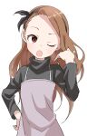 1girl ;o absurdres black_hairband brown_eyes brown_hair commentary_request hairband hand_on_hip hand_up highres idolmaster idolmaster_(classic) long_hair long_sleeves minase_iori one_eye_closed open_mouth simple_background turtleneck white_background yamamoto_souichirou 