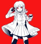  1girl alternate_eye_color bangs blunt_bangs breasts commentary_request cowboy_shot dangan_ronpa_(series) dangan_ronpa_2:_goodbye_despair dress_shirt hair_ornament hairclip hands_up hood hooded_jacket jacket long_sleeves looking_at_viewer medium_hair miniskirt nanami_chiaki neck_ribbon open_clothes open_jacket open_mouth pleated_skirt readybug red_background red_eyes ribbon shirt simple_background skirt solo standing thigh-highs zettai_ryouiki 