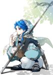  1boy 1other animal baozi blue_hair braid braided_ponytail capelet cu_chulainn_(fate)_(all) dagger dated dog eating fate/grand_order fate/grand_order_arcade fate_(series) food full_body highres holding hood hood_up hooded_capelet leaf long_hair male_focus pants puffy_pants puppy red_eyes sandals scabbard setanta_(fate) sheath signature slit_pupils spiky_hair squatting staff toumei328 type-moon weapon 