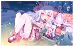  1girl animal_ears azur_lane bow closed_mouth expressionless eyebrows_visible_through_hair hair_between_eyes hair_bow headset knees_up laffey_(azur_lane) long_hair looking_at_viewer lying on_back pantyhose pink_eyes plaid plaid_bow rabbit_ears red_bow silver_hair solo sudango thighband_pantyhose white_legwear 
