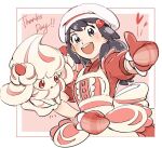  1girl :d alcremie alcremie_(strawberry_sweet) apron buttons commentary_request hikari_(pokemon) dress eyebrows_visible_through_hair eyelashes gen_8_pokemon grey_eyes grey_hair hair_ornament hairclip hat heart long_hair looking_at_viewer open_mouth pokemon pokemon_(creature) pokemon_(game) pokemon_masters_ex rate_(naze_besu_latte) red_dress red_mittens short_sleeves smile teeth thumbs_up upper_body white_headwear 