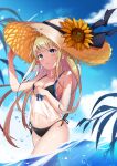  1girl :3 absurdres aircraft airplane aoman_de_cangshu arm_up bangs bare_shoulders bikini black_bikini black_bow blonde_hair blue_eyes blush bow closed_mouth clouds eyebrows_visible_through_hair flower gradient_eyes green_eyes hand_up hat highres in_water leaf long_hair looking_at_viewer mononobe_alice multicolored multicolored_eyes navel nijisanji sky smile solo sunflower swimsuit thighs virtual_youtuber water yellow_headwear 