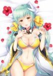  1girl aqua_hair bikini bow breasts dragon_girl dragon_horns fate/grand_order fate_(series) frilled_bikini frills hair_bow highres horns japanese_clothes kimono kiyohime_(fate/grand_order) kiyohime_(swimsuit_lancer)_(fate) large_breasts long_hair low_twintails multiple_horns navel open_clothes open_kimono ribbon solo suzumia_(daydream) swimsuit twintails white_kimono yellow_bikini yellow_bow yellow_eyes yellow_ribbon 