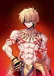 &gt;:) 1boy armor biceps blonde_hair body_markings collar collarbone earrings fate/grand_order fate/hollow_ataraxia fate_(series) gilgamesh gloves glowing glowing_eye gold_armor gold_earrings gold_gloves gold_necklace jewelry looking_at_viewer muscular muscular_male necklace pectorals red_eyes simple_background solo tagme tattoo tukiwani