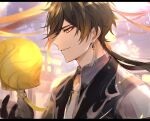  1boy bangs black_gloves black_hair blurry blurry_background brown_hair collar earrings eyebrows_visible_through_hair formal from_side genshin_impact gloves gumilkx hair_between_eyes highres jacket jewelry lantern long_hair male_focus multicolored_hair necktie open_mouth ponytail single_earring solo suit tassel tassel_earrings yellow_eyes zhongli_(genshin_impact) 