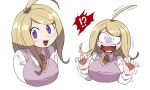  !? 1girl :d ahoge akamatsu_kaede bangs blonde_hair blush breasts collared_shirt commentary_request dangan_ronpa_(series) dangan_ronpa_v3:_killing_harmony expressions furukawa_(yomawari) hair_ornament hands_up highres large_breasts long_hair long_sleeves looking_at_viewer musical_note musical_note_hair_ornament necktie open_mouth school_uniform shirt simple_background smile surprised sweater_vest teeth upper_body white_background white_shirt 