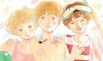  1boy 2girls absurdres blonde_hair blue_eyes blush brown_eyes brown_hair child closed_eyes goggles goggles_on_head highres looking_at_viewer multiple_girls open_mouth original seashell shell shell_necklace shirtless short_hair smile starfish swimsuit upper_body yoovora 