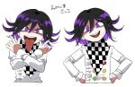  1boy :d bangs black_hair checkered checkered_neckwear checkered_scarf crazy_eyes crossed_arms dangan_ronpa_(series) dangan_ronpa_v3:_killing_harmony double-breasted evil_smile furukawa_(yomawari) hair_between_eyes highres jacket long_sleeves long_tongue looking_at_viewer male_focus multicolored_hair open_mouth ouma_kokichi pale_skin purple_hair scarf shaded_face short_hair simple_background smile straitjacket tongue tongue_out translation_request two-tone_hair upper_body violet_eyes white_jacket 