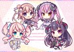  4girls :d apron bangs black_bow black_dress black_hair black_jacket black_legwear black_wings blush bow braid brown_dress brown_eyes brown_hair brown_skirt chibi closed_mouth commentary_request copyright_request crown curled_horns demon_girl demon_horns demon_tail demon_wings dress eyebrows_visible_through_hair fishnet_legwear fishnets frilled_apron frills green_eyes hair_bun hair_ornament hairclip hand_up hands_clasped hands_together horns interlocked_fingers jacket lightning_bolt long_hair long_sleeves mini_crown mismatched_legwear multiple_girls off-shoulder_dress off_shoulder one_side_up open_mouth own_hands_together pink_hair pleated_skirt puffy_long_sleeves puffy_short_sleeves puffy_sleeves ryuuka_sane short_sleeves side_bun skirt smile sparkle tail thigh-highs translation_request twintails v-shaped_eyebrows very_long_hair violet_eyes white_apron white_legwear wide_sleeves wings x_hair_ornament 