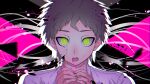  1boy asphyxiation bangs black_background blood blood_from_mouth brown_hair choking commentary_request dangan_ronpa_(series) dangan_ronpa_2:_goodbye_despair green_eyes hama_cheese hand_on_another&#039;s_neck hinata_hajime looking_at_viewer male_focus multicolored multicolored_background open_mouth outline pink_background pink_blood portrait shirt short_hair translation_request white_outline 