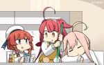  3girls ahoge alternate_costume apron bob_cut braid commentary_request crown_braid dated etorofu_(kantai_collection) eyewear_removed hair_flaps hair_ribbon hairband hamu_koutarou hat highres kantai_collection kawakaze_(kantai_collection) long_hair low_twintails makigumo_(kantai_collection) multiple_girls pink_hair redhead remodel_(kantai_collection) ribbon sailor_hat side_braid sidelocks sleeping sweater table thick_eyebrows twin_braids twintails upper_body very_long_hair violet_eyes white_headwear white_sweater yellow_apron yellow_eyes 