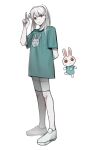  1girl absurdres animal_crossing animal_print arm_behind_back bangs bunny_print closed_mouth commentary_request freckles full_body gin_(euneunun) green_shirt grey_legwear hand_up highres long_hair looking_at_viewer open_mouth over-kneehighs pale_skin personification red_eyes ruby_(animal_crossing) shirt shoes short_sleeves shorts simple_background standing t-shirt thigh-highs v white_background white_footwear 