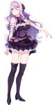  black_dress boots commentary_request dress emilia_(lapis_re:lights) flower hair_ornament high_heel_boots high_heels highres lapis_re:lights light_purple_hair looking_at_viewer looking_down official_art red_eyes red_flower red_rose rose sleeveless standing 