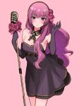  1girl absurdres belt black_dress black_gloves blue_eyes blush brooch commentary cowboy_shot detached_collar dress elbow_gloves flower gloves hands_up highres holding holding_microphone_stand jewelry long_hair looking_at_viewer megurine_luka microphone microphone_stand nishikino_kee pink_background pink_flower pink_hair pink_rose rose simple_background sleeveless sleeveless_dress solo standing strapless strapless_dress very_long_hair vocaloid 