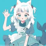  1girl animal animal_ears blue_background blue_hair cat_ears claw_pose fins fish fish_tail gawr_gura hair_ornament highres holding holding_animal holding_fish hololive hololive_english looking_at_viewer maid open_mouth shark_girl shark_tail solo tail user_suys3548 virtual_youtuber 