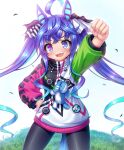 1girl @_@ animal_ears bangs black_legwear blue_hair clenched_hand cowboy_shot eyebrows_visible_through_hair gradient_hair hand_on_hip horse_ears horse_tail multicolored_hair sharp_teeth solo standing tail takeponi teeth twin_turbo twintails umamusume violet_eyes 