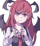  1girl absurdres bangs bat_wings black_wings closed_mouth collarbone collared_shirt head_wings highres kame_(kamepan44231) koakuma long_hair long_sleeves looking_at_viewer multiple_wings necktie pointy_ears red_eyes red_neckwear redhead shirt simple_background smile solo touhou upper_body white_background white_shirt wings 