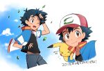  &gt;_&lt; 1boy ame_(ame025) ash_ketchum bangs baseball_cap black_gloves black_hair black_shirt brown_eyes closed_mouth clouds collared_jacket commentary_request day fingerless_gloves flying_sweatdrops gen_1_pokemon gloves hat jacket leaves_in_wind looking_at_viewer male_focus multiple_views one_eye_closed open_clothes open_jacket open_mouth outdoors pants pikachu pokemon pokemon_(anime) pokemon_(creature) pokemon_m21 popped_collar red_headwear shirt short_hair sky smile tongue translation_request upper_teeth 
