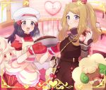  2girls :d alcremie alcremie_(strawberry_sweet) apron bag blush bow brown_dress clock closed_mouth commentary_request cupboard hikari_(pokemon) dress eyebrows_visible_through_hair eyelashes eyewear_removed fingernails framed gen_5_pokemon gen_8_pokemon grey_eyes hair_bow hair_ornament hairclip hands_up hat holding holding_strap indoors kitchen light_brown_hair long_hair long_sleeves multiple_girls nail_polish open_mouth pink_bow pink_nails pokemon pokemon_(creature) pokemon_(game) pokemon_masters_ex pouch red_dress red_mittens remotarou serena_(pokemon) shelf short_sleeves shoulder_bag sidelocks smile steam sunglasses tongue whimsicott white-framed_eyewear 