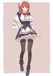  1girl alternate_costume apron black_footwear black_legwear border bow bowtie breasts brown_background buttons closed_mouth duplicate eyebrows_visible_through_hair frills full_body hair_between_eyes hand_on_hip high_collar large_breasts looking_at_viewer maid maid_headdress poronegi puffy_short_sleeves puffy_sleeves red_bow red_eyes red_neckwear red_ribbon redhead ribbon ribbon-trimmed_bow sekibanki short_hair short_sleeves simple_background solo standing sweat thigh-highs touhou waist_apron white_apron white_border white_headdress wrist_cuffs 