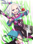  1girl bass_guitar black_footwear blue_eyes boots commentary_request dress fingernails grey_hair gym_leader hair_bobbles hair_ornament highres holding holding_instrument holding_poke_ball instrument long_hair long_sleeves open_mouth otonachildren poke_ball poke_ball_(basic) pokemon pokemon_(game) pokemon_bw2 roxie_(pokemon) sideways_glance solo striped striped_dress teeth tongue topknot v-shaped_eyebrows 