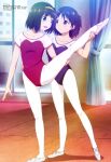  2girls :d absurdres aono_atsushi arm_at_side athletic_leotard ballet ballet_slippers bangs black_hair blue_eyes building closed_mouth collarbone curtains gekidol green_eyes hairband hand_on_another&#039;s_waist highres holding_another&#039;s_leg indoors kagami_airi leg_up leotard looking_at_another megami_magazine morino_serina multiple_girls official_art open_mouth scan short_sleeves smile standing violet_eyes white_footwear window 