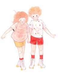  2girls absurdres black_eyes blonde_hair blush child highres holding_hands long_hair multiple_girls orange_hair original pink_shirt polka_dot red_legwear red_shorts shirt short_hair short_sleeves shorts simple_background skates smile socks striped striped_shirt white_background white_footwear white_shirt yellow_shorts yoovora 