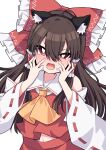  1girl absurdres animal_ear_fluff animal_ears ascot bow bright_pupils brown_hair cat_ears collared_shirt detached_sleeves eyebrows_visible_through_hair fake_animal_ears frilled_bow frilled_hair_tubes frills hair_between_eyes hair_bow hakurei_reimu highres long_hair looking_at_viewer navel open_mouth red_bow red_eyes red_ribbon red_shirt red_skirt ribbon ribbon-trimmed_sleeves ribbon_trim shirt skirt solo teeth touhou tsukimirin upper_body v-shaped_eyebrows wide_sleeves yellow_neckwear 