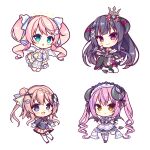  4girls :d apron bangs black_bow black_dress black_hair black_jacket black_legwear black_wings blush bow braid brown_dress brown_eyes brown_hair brown_skirt chibi closed_mouth copyright_request crown curled_horns demon_girl demon_horns demon_tail demon_wings dress eyebrows_visible_through_hair fishnet_legwear fishnets frilled_apron frills green_eyes hair_bun hair_ornament hairclip hand_up hands_clasped hands_together horns interlocked_fingers jacket long_hair long_sleeves mini_crown mismatched_legwear multiple_girls off-shoulder_dress off_shoulder one_side_up open_mouth own_hands_together pink_hair pleated_skirt puffy_long_sleeves puffy_short_sleeves puffy_sleeves ryuuka_sane short_sleeves side_bun simple_background skirt smile tail thigh-highs twintails v-shaped_eyebrows very_long_hair violet_eyes white_apron white_background white_legwear wide_sleeves wings x_hair_ornament 