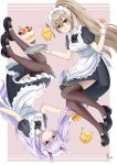  &gt;_&lt; absurdres alternate_costume animal_ears apron ayanami_(azur_lane) azur_lane black_bow black_dress black_footwear black_legwear bow breasts brown_legwear dress fake_animal_ears frilled_apron frilled_hairband frills full_body hair_between_eyes hairband highres holding holding_spoon holding_tray konparu_uran laffey_(azur_lane) maid maid_headdress manjuu_(azur_lane) medium_breasts orange_eyes parfait ponytail purple_hair rabbit_ears red_eyes shoes short_sleeves spoon thigh-highs tray twintails white_apron 