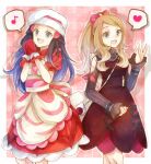  2girls :d apron bag blue_hair bow buttons commentary_request hikari_(pokemon) dress eyelashes grey_eyes hair_bow hand_up hands_together hands_up hat light_brown_hair long_hair long_sleeves looking_at_viewer multiple_girls musical_note open_mouth pink_bow pokemon pokemon_(game) pokemon_masters_ex red_dress red_mittens serena_(pokemon) shoulder_bag smile spoken_musical_note sunglasses teeth tongue white-framed_eyewear white_headwear yomogi_(black-elf) 