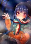  1girl bangs bare_tree beanie beniko_(ymdbnk) black_headwear black_pants blue_hair blush breath closed_mouth commentary_request eyebrows_visible_through_hair feet_out_of_frame hand_in_pocket hand_up hat highres jacket long_sleeves night night_sky outdoors pants red_eyes shima_rin sitting sky sleeves_past_wrists smile solo star_(sky) starry_sky tree yurucamp 